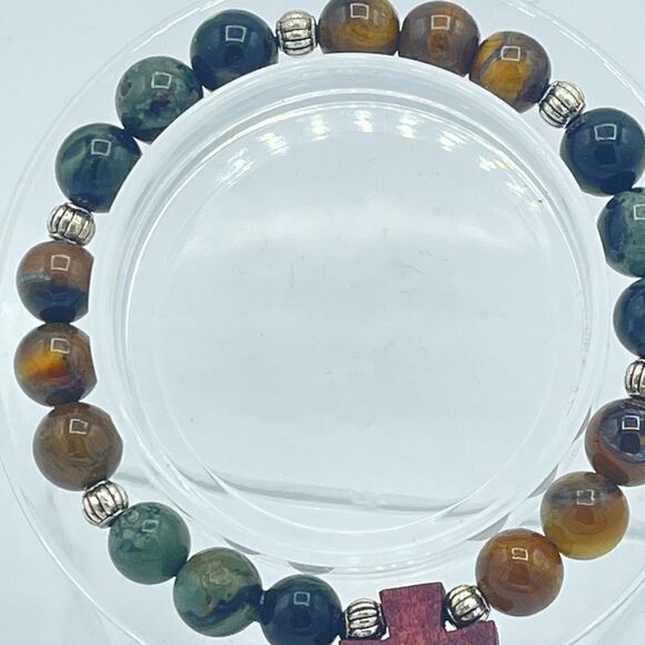 Crystal beaded stretch bracelet ONE NEW yellow tiger eye kambaba jasper cross re - Picture 2 of 8